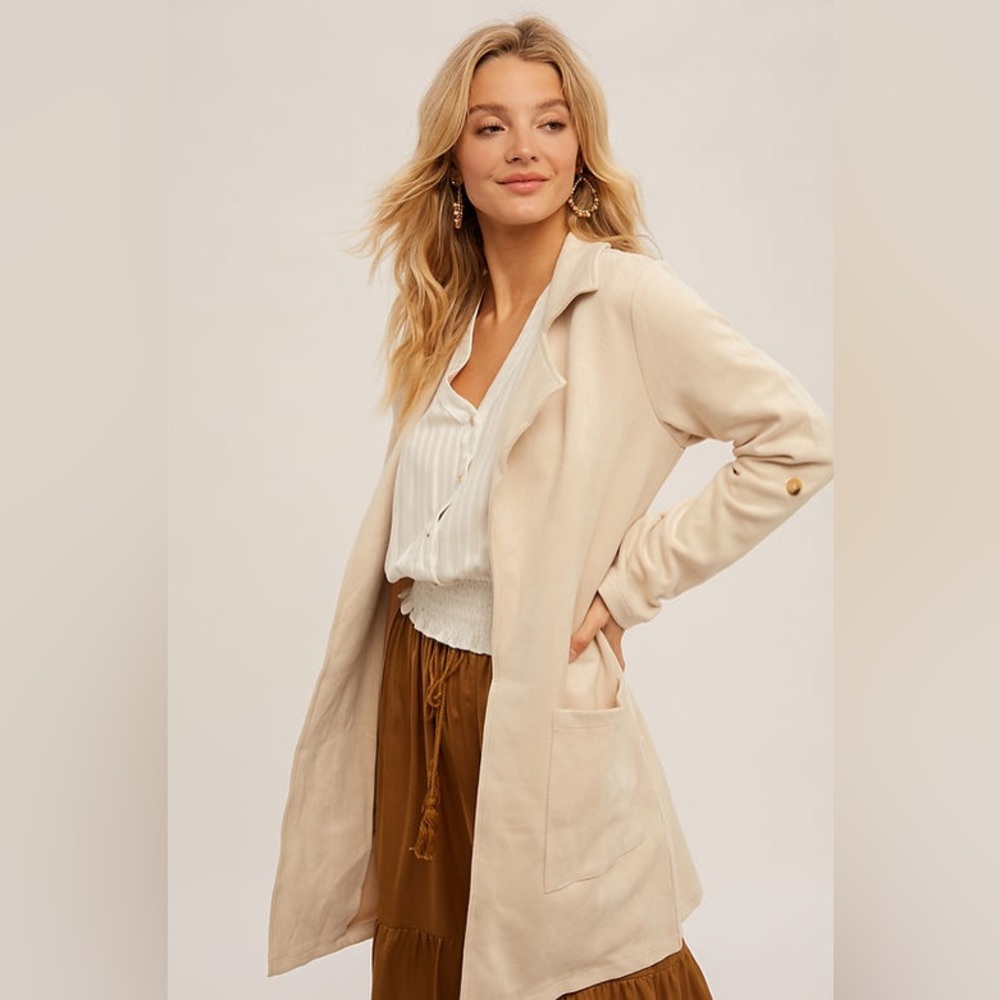 Hem & Thread - Roll Tab Sleeved Sueded Open Jacket - Size Large